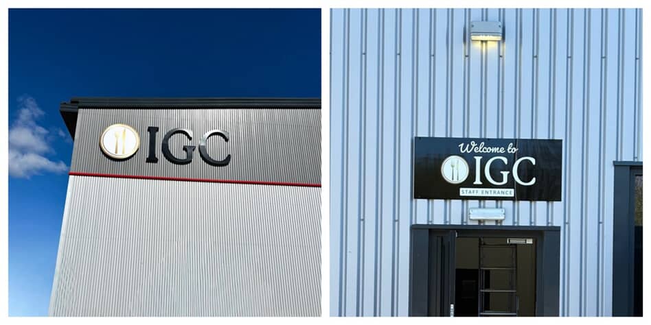 A collage of IGC's exterior signage on the warehouse and above the door.